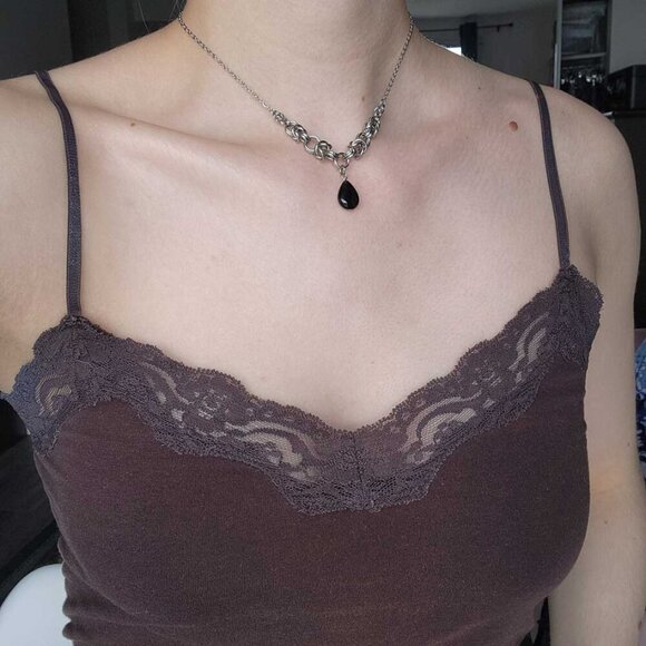 Victorian gothic onyx choker chainmail necklace with a small silver chain - Picture 4 of 8